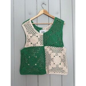 Bode Tank Top M/L Duotone Crochet Ivory Green Sleeveless Cotton Peru